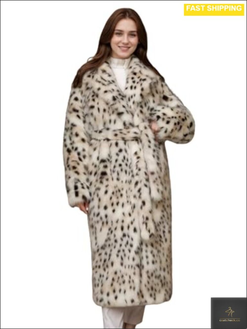 Women Faux Fur Leopard Lapel Maxi Coat with Pockets Detachable Belt